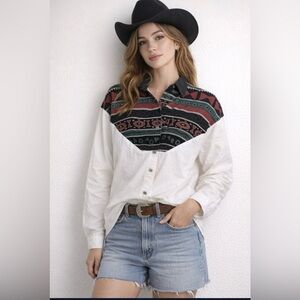Vintage Western Shirt Large with Patterned Yoke White